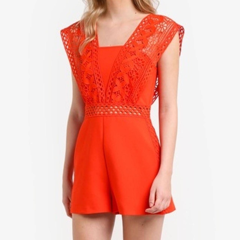 Red Lace Trim Romper Sleeveless V Neck Party Cocktail Jumpsuit